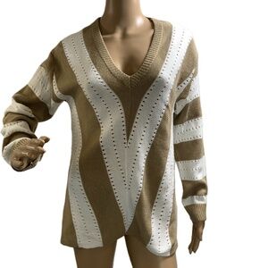 Tan White Striped Long-Sleeve Round-Neck Casual Sweater Size Med Preppy Academia